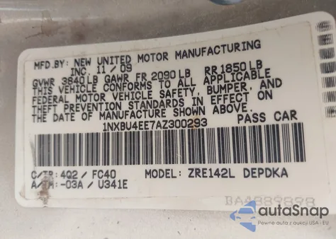 2010 Toyota Corolla Le из США, поврежденный, VIN 1NXBU4EE7AZ300293